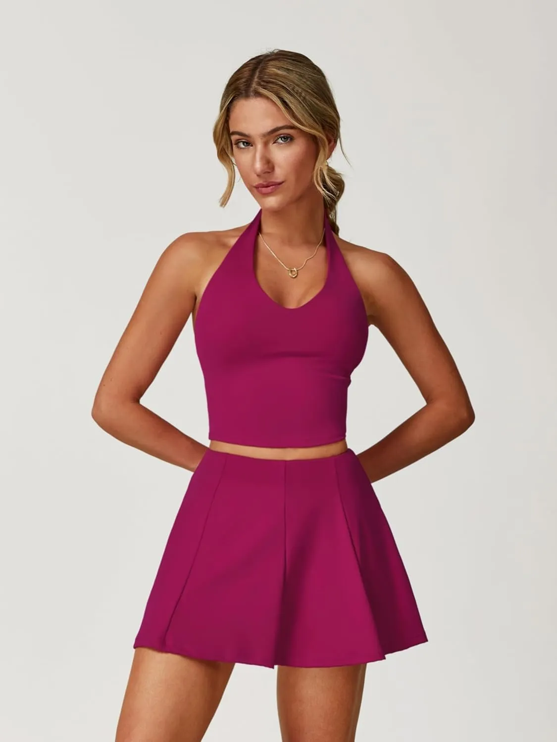 ABOCIW Womens 2 Piece Tennis Skirt Set V Neck Halter Tank Top Pleated High Waisted Skirt Skort Active Golf Outfits