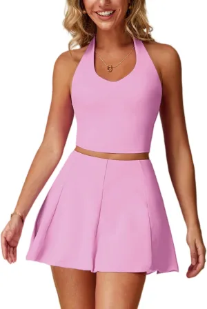 ABOCIW Womens 2 Piece Tennis Skirt Set V Neck Halter Tank Top Pleated High Waisted Skirt Skort Active Golf Outfits