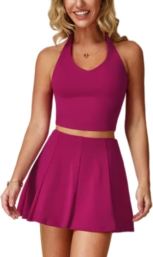 ABOCIW Womens 2 Piece Tennis Skirt Set V Neck Halter Tank Top Pleated High Waisted Skirt Skort Active Golf Outfits