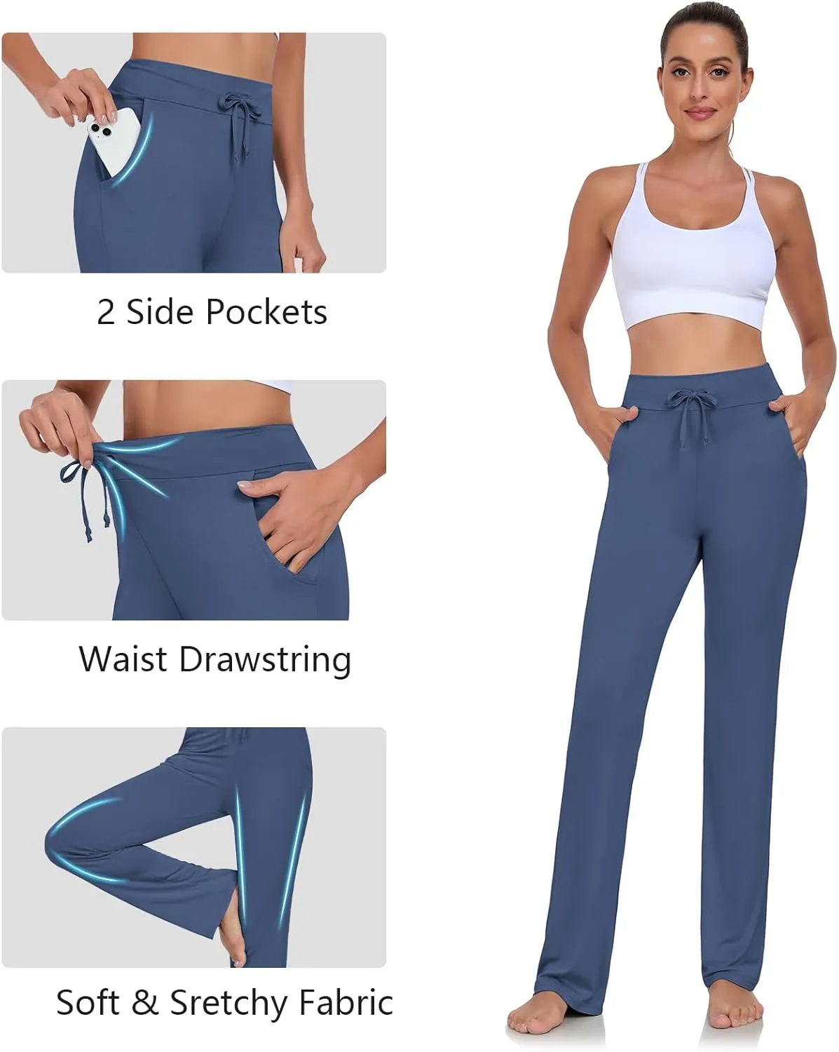ADANIKI Womens Yoga Pants with Pockets Straight-Leg Loose Comfy Modal Drawstring Lounge Running Long Active Casual Sweatpants