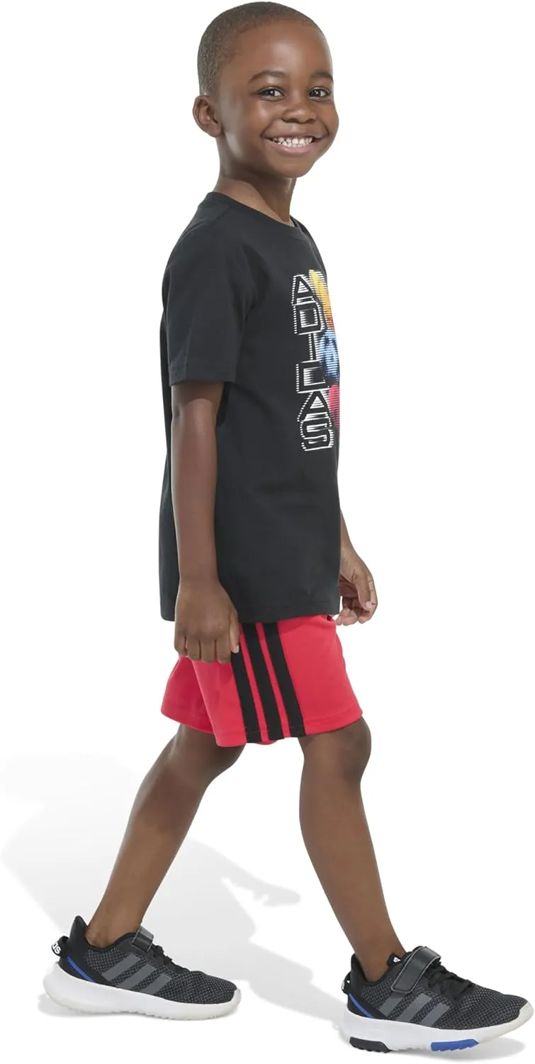 adidas Boys Short Sleeve Graphic Cotton Tee Shirt and 3-stripe Short Set