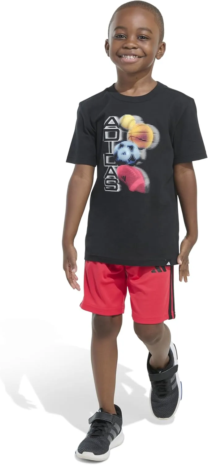 adidas Boys Short Sleeve Graphic Cotton Tee Shirt and 3-stripe Short Set