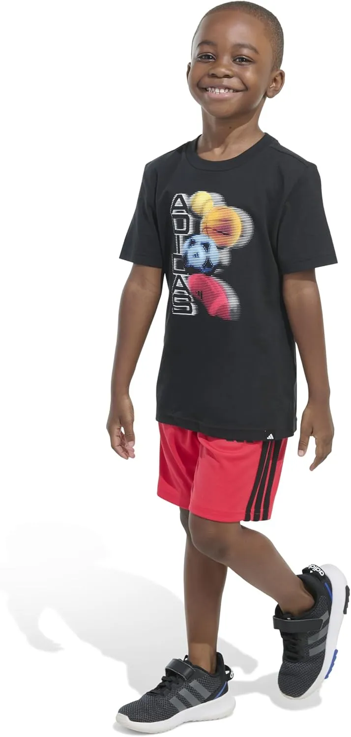 adidas Boys Short Sleeve Graphic Cotton Tee Shirt and 3-stripe Short Set