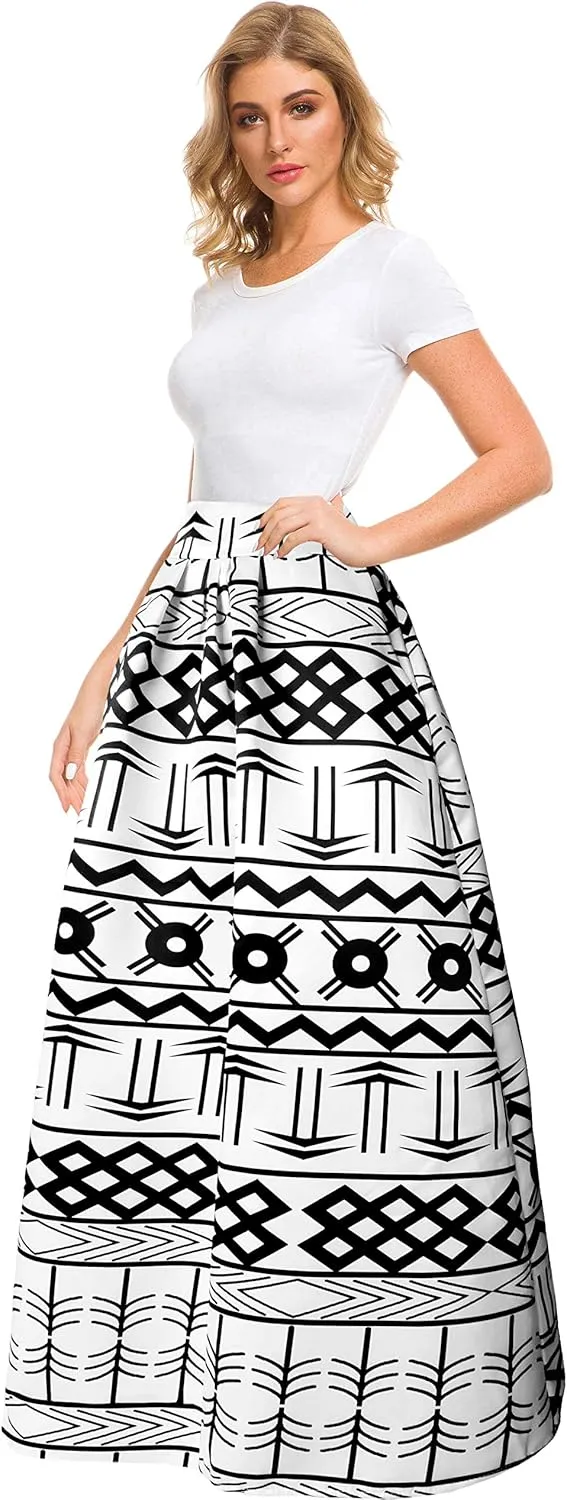 Afibi Women African Printed Maxi Skirt Flared Skirt A Line Long Skirts with Pockets S-5XL