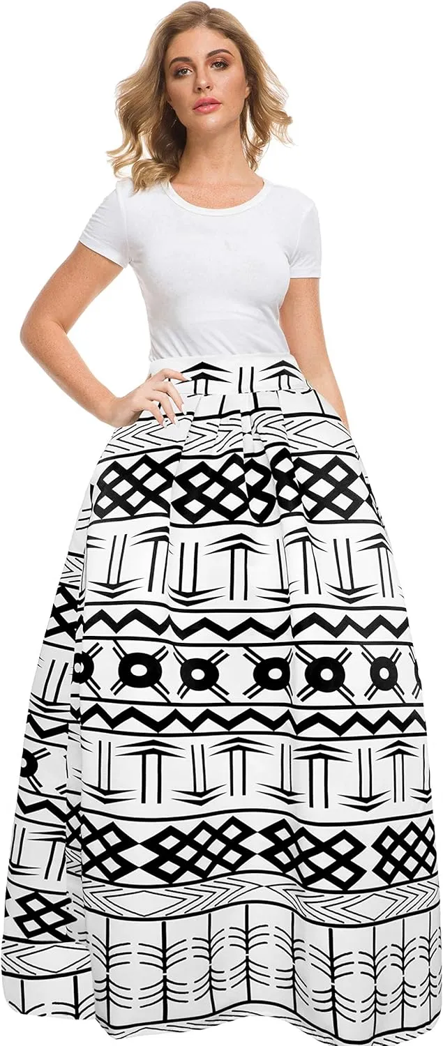 Afibi Women African Printed Maxi Skirt Flared Skirt A Line Long Skirts with Pockets S-5XL