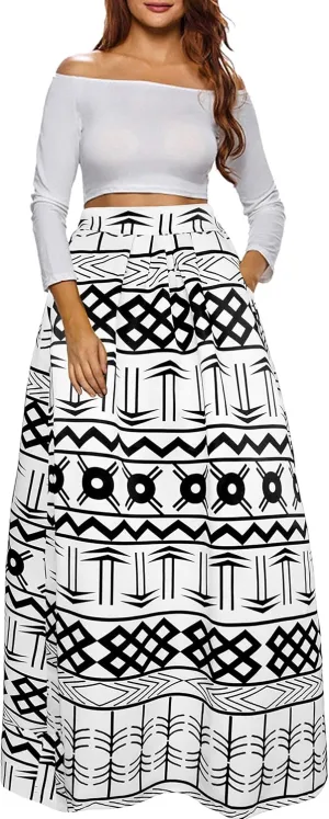Afibi Women African Printed Maxi Skirt Flared Skirt A Line Long Skirts with Pockets S-5XL