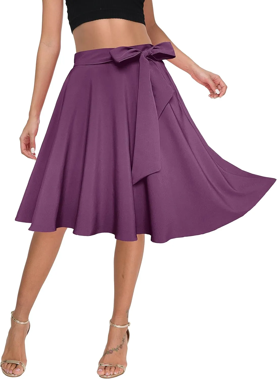 Afibi Womens Vintage High Waist A-Line Skater Skirt Flared Midi Skirt with Pockets
