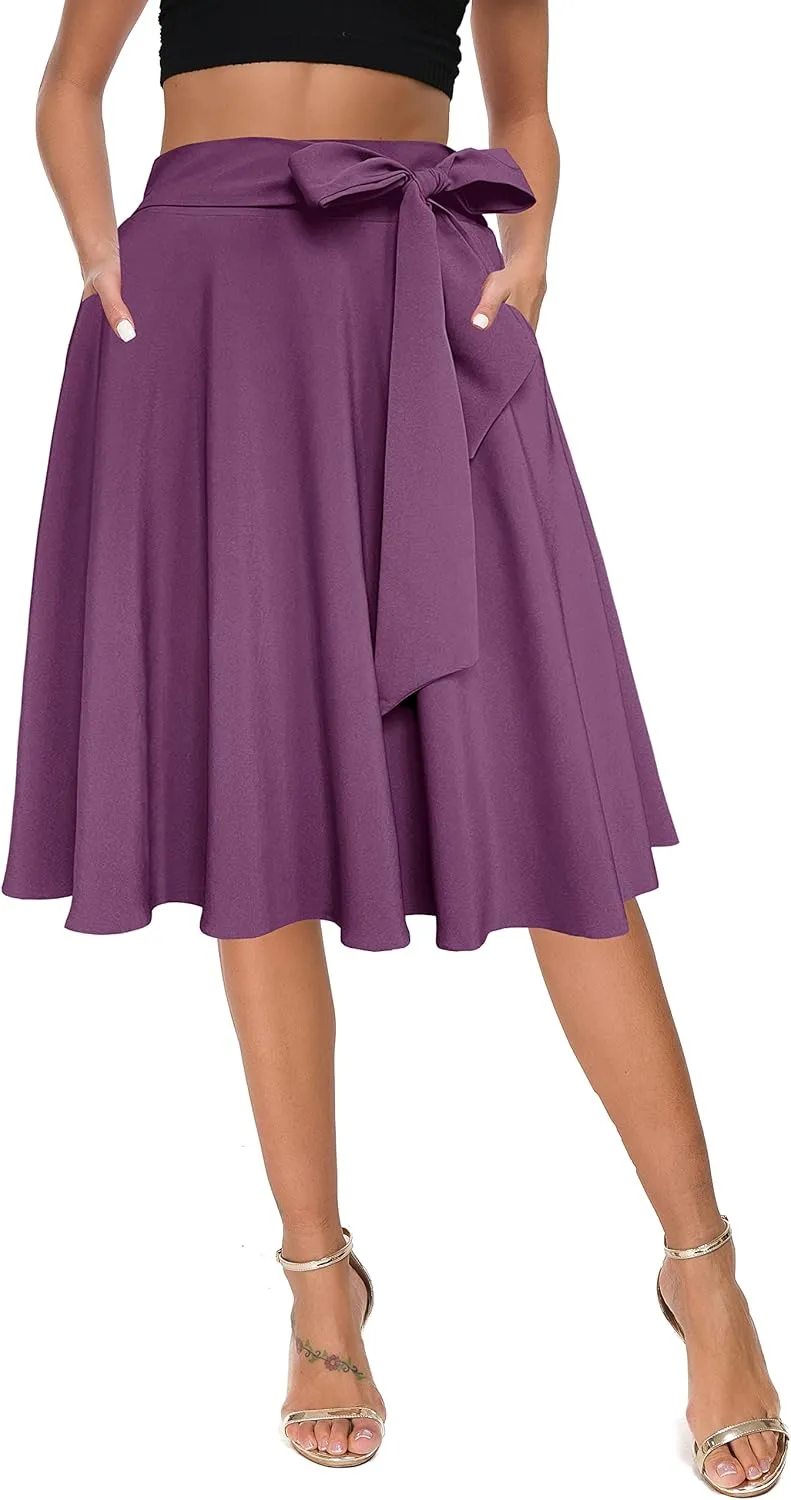 Afibi Womens Vintage High Waist A-Line Skater Skirt Flared Midi Skirt with Pockets