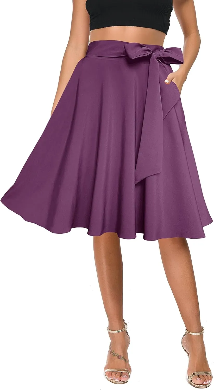 Afibi Womens Vintage High Waist A-Line Skater Skirt Flared Midi Skirt with Pockets
