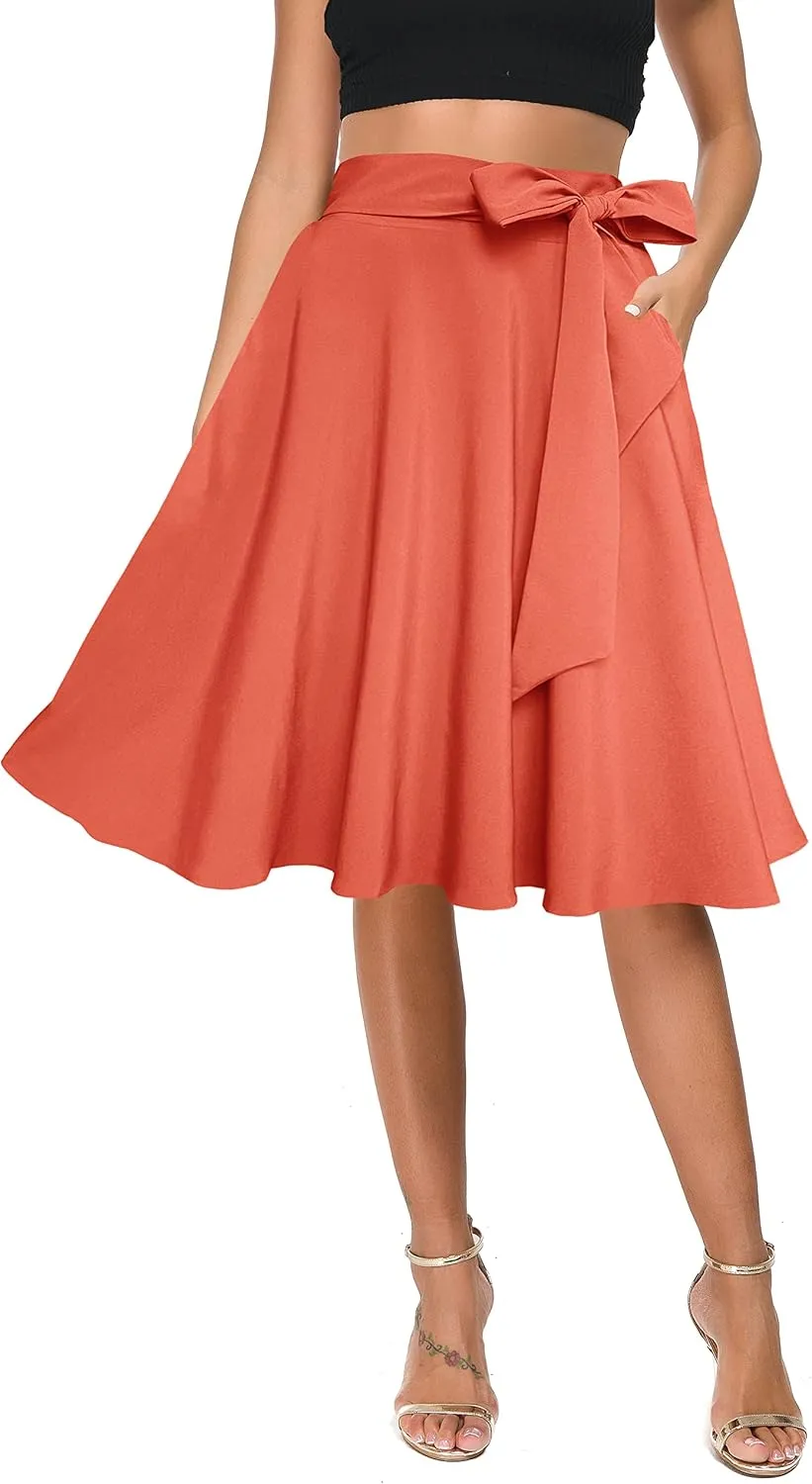Afibi Womens Vintage High Waist A-Line Skater Skirt Flared Midi Skirt with Pockets