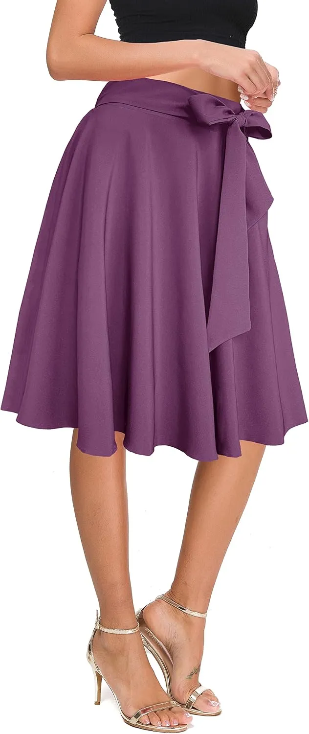 Afibi Womens Vintage High Waist A-Line Skater Skirt Flared Midi Skirt with Pockets