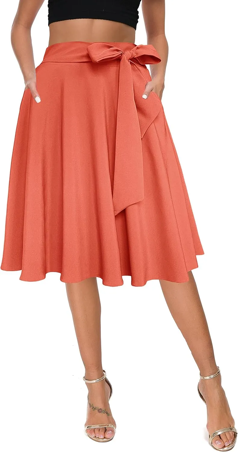 Afibi Womens Vintage High Waist A-Line Skater Skirt Flared Midi Skirt with Pockets