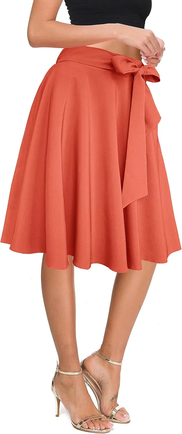 Afibi Womens Vintage High Waist A-Line Skater Skirt Flared Midi Skirt with Pockets
