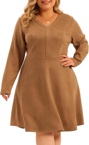 Agnes Orinda Plus Size Women Faux Suede Dress V Neck Long Sleeve A-Line Elegant Midi Dress