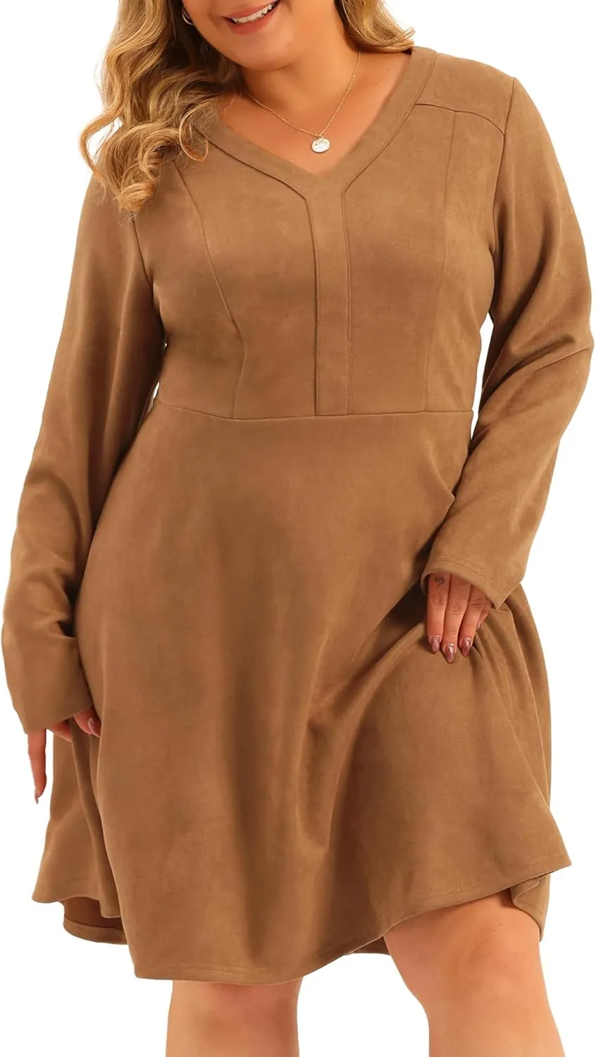 Agnes Orinda Plus Size Women Faux Suede Dress V Neck Long Sleeve A-Line Elegant Midi Dress
