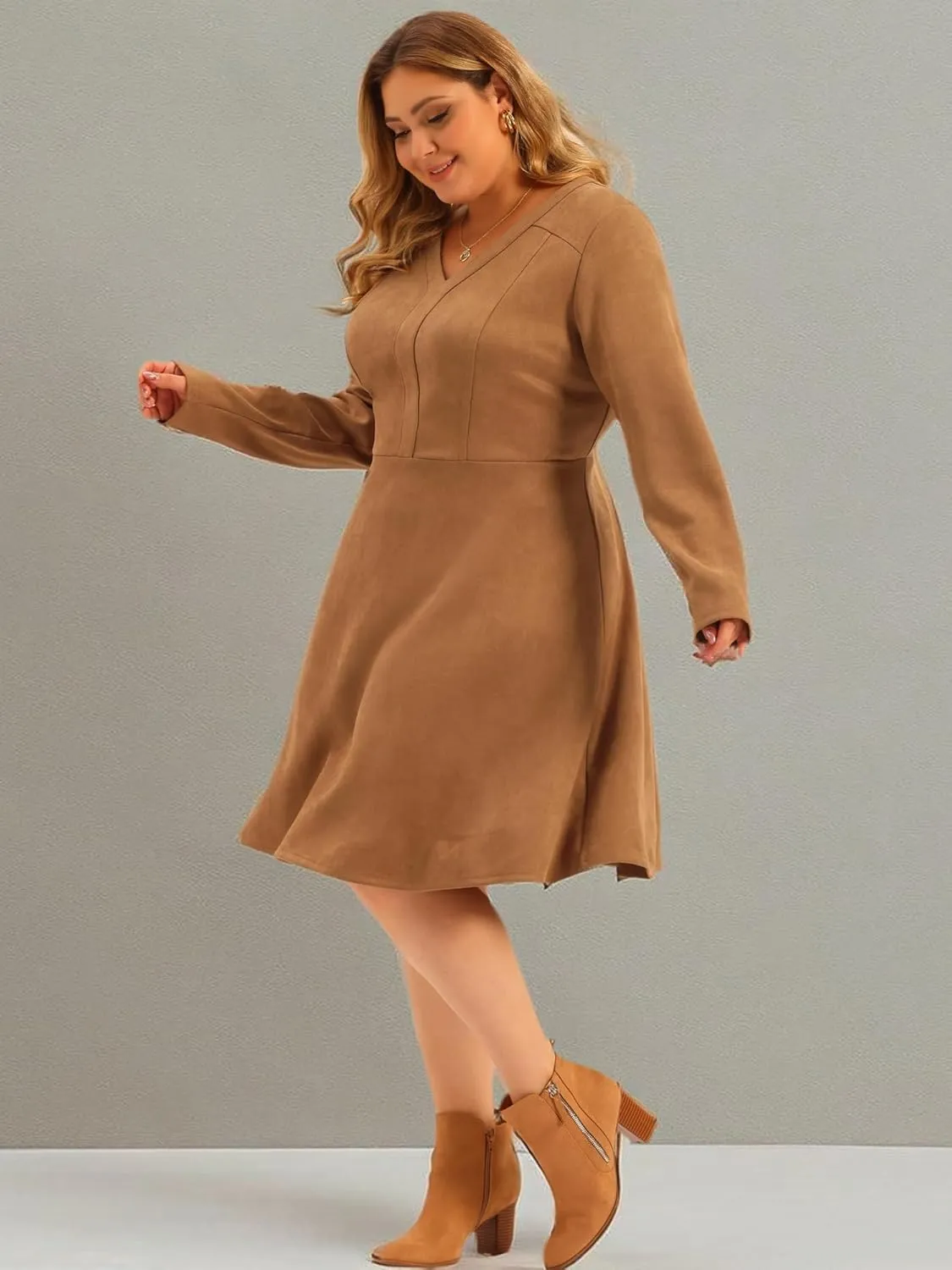 Agnes Orinda Plus Size Women Faux Suede Dress V Neck Long Sleeve A-Line Elegant Midi Dress