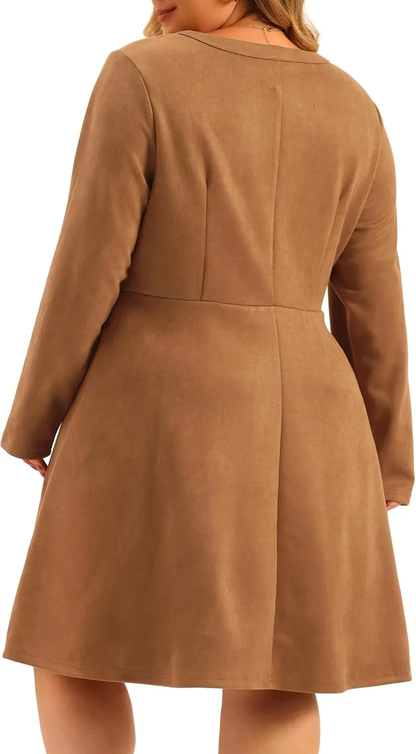 Agnes Orinda Plus Size Women Faux Suede Dress V Neck Long Sleeve A-Line Elegant Midi Dress