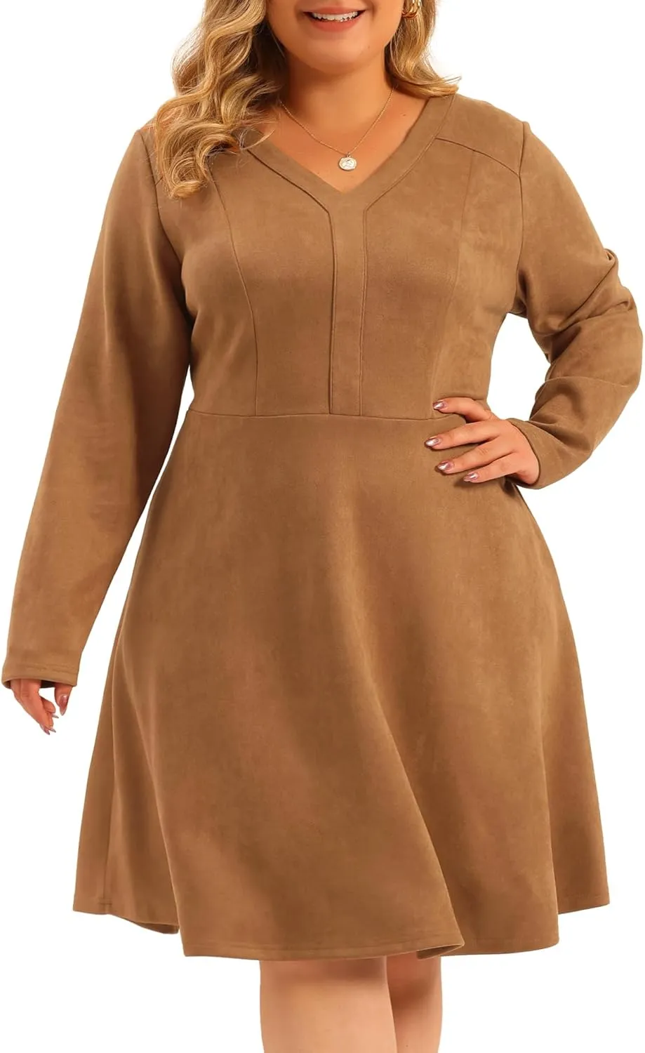 Agnes Orinda Plus Size Women Faux Suede Dress V Neck Long Sleeve A-Line Elegant Midi Dress