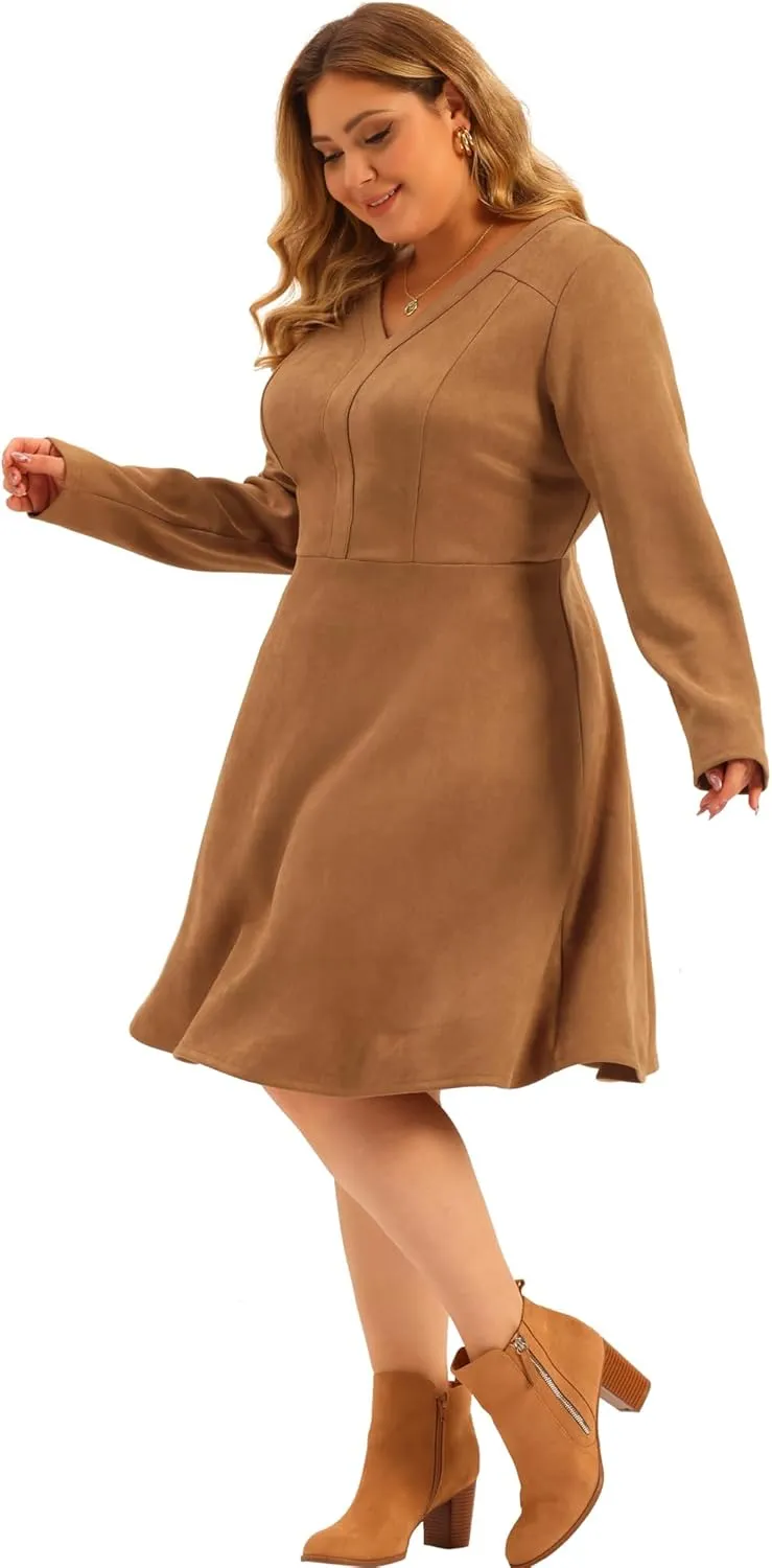 Agnes Orinda Plus Size Women Faux Suede Dress V Neck Long Sleeve A-Line Elegant Midi Dress
