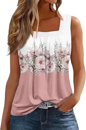 AIMITAG Color Block Ruffled Square Collar Tank Top Women Striped Tank Tee Summer Casual Loose Fit Sleeveless Shirt
