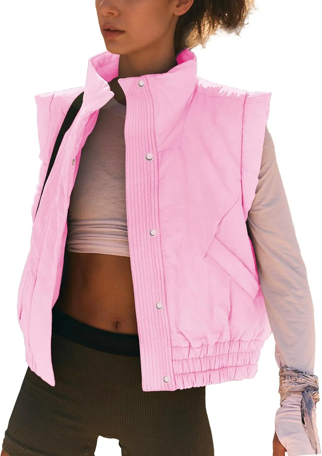 Ainangua Women Cropped Puffer Vest Button Sleeveless Light Jacket Scrunch Stand Collar Essentials Gilet with Pockets
