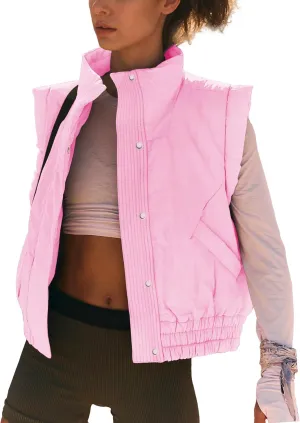 Ainangua Women Cropped Puffer Vest Button Sleeveless Light Jacket Scrunch Stand Collar Essentials Gilet with Pockets