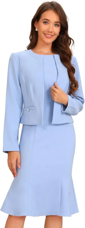 Allegra K 2 Piece Suit Dress Set for Women's Business Sleeveless Dress and Crop Blazer