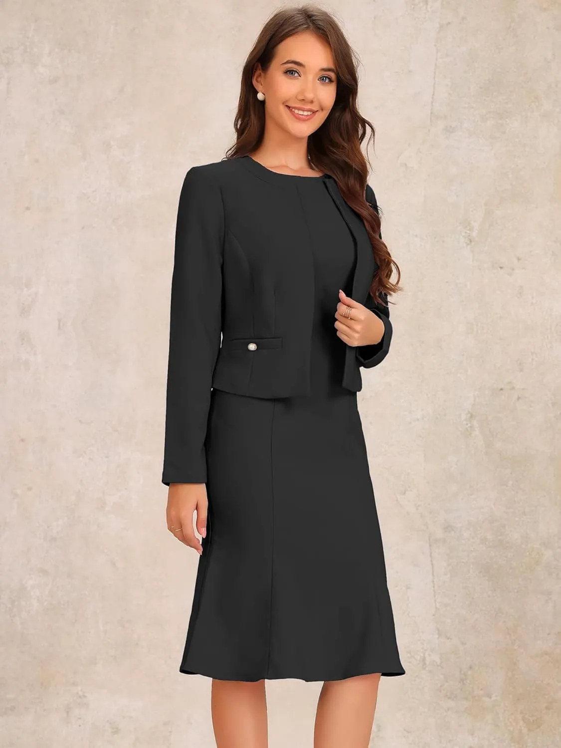 Allegra K 2 Piece Suit Dress Set for Women's Business Sleeveless Dress and Crop Blazer