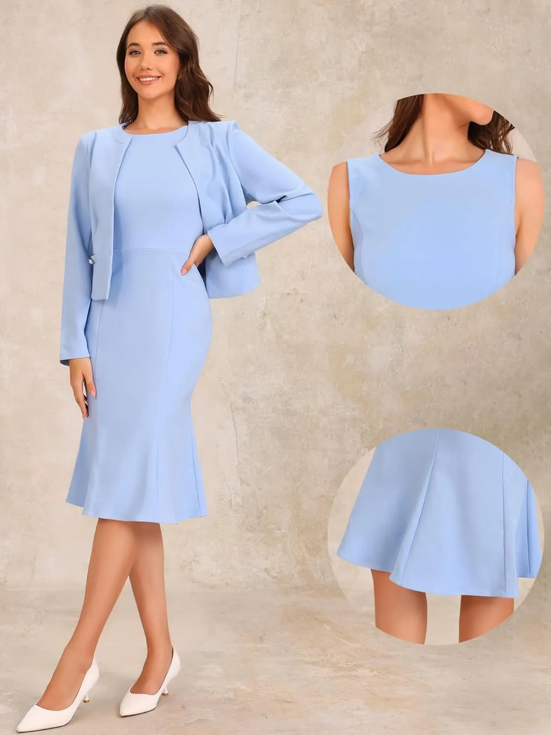 Allegra K 2 Piece Suit Dress Set for Women's Business Sleeveless Dress and Crop Blazer