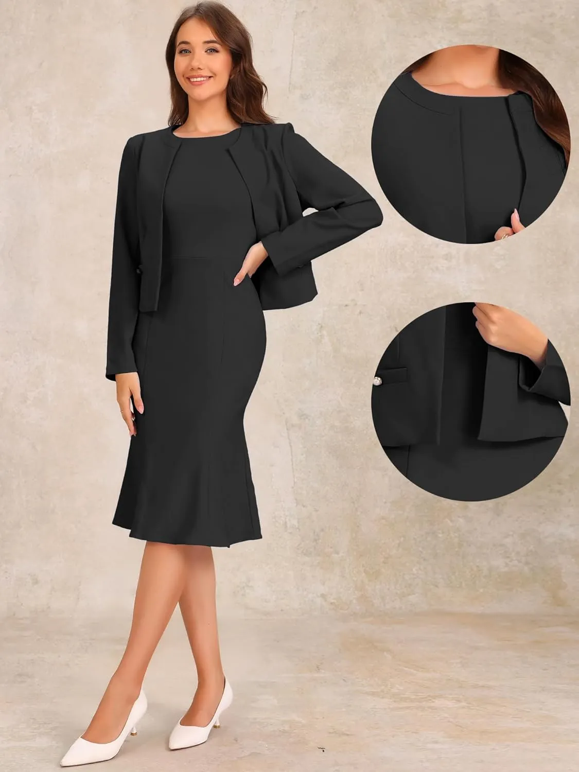Allegra K 2 Piece Suit Dress Set for Women's Business Sleeveless Dress and Crop Blazer