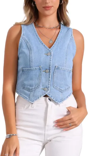 Allegra K Women's Denim Vest Sleeveless Crop Denim Top Button Down Waistcoat Streetwear Y2K Western Jean Vests