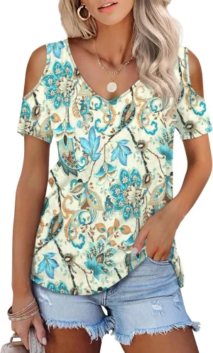 Amoretu Womens Short Sleeve Cold Shoulder Basic Tee Tops Shirts