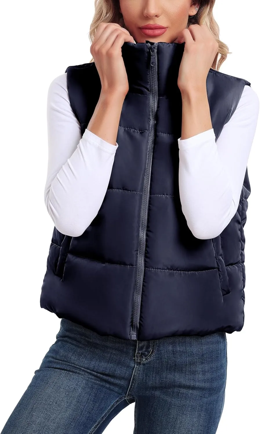 Anienaya Puffer Vest Women Sleeveless Warm Lightweight Qulited Jacket Stand-up Collar Outerwear with Pocket