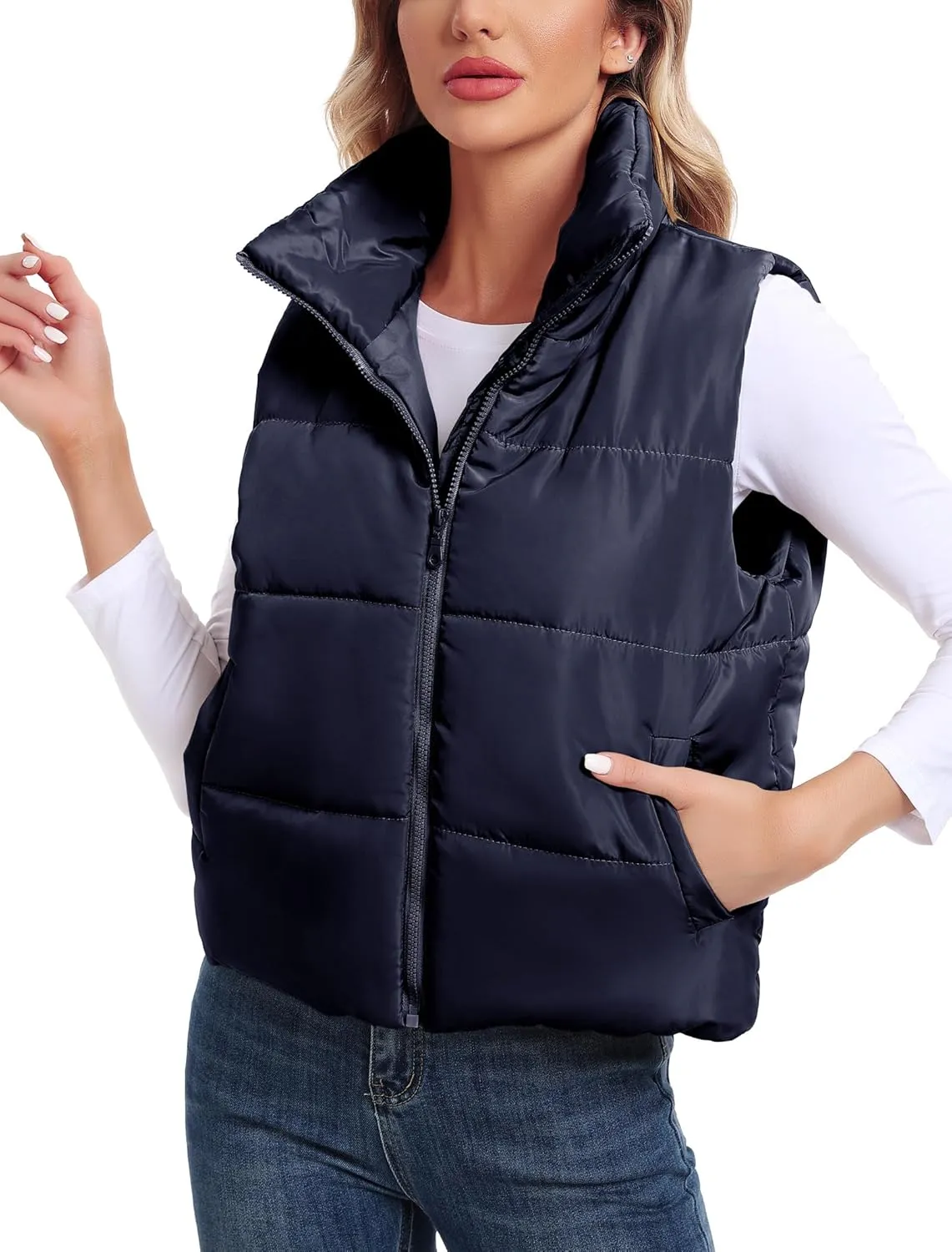 Anienaya Puffer Vest Women Sleeveless Warm Lightweight Qulited Jacket Stand-up Collar Outerwear with Pocket