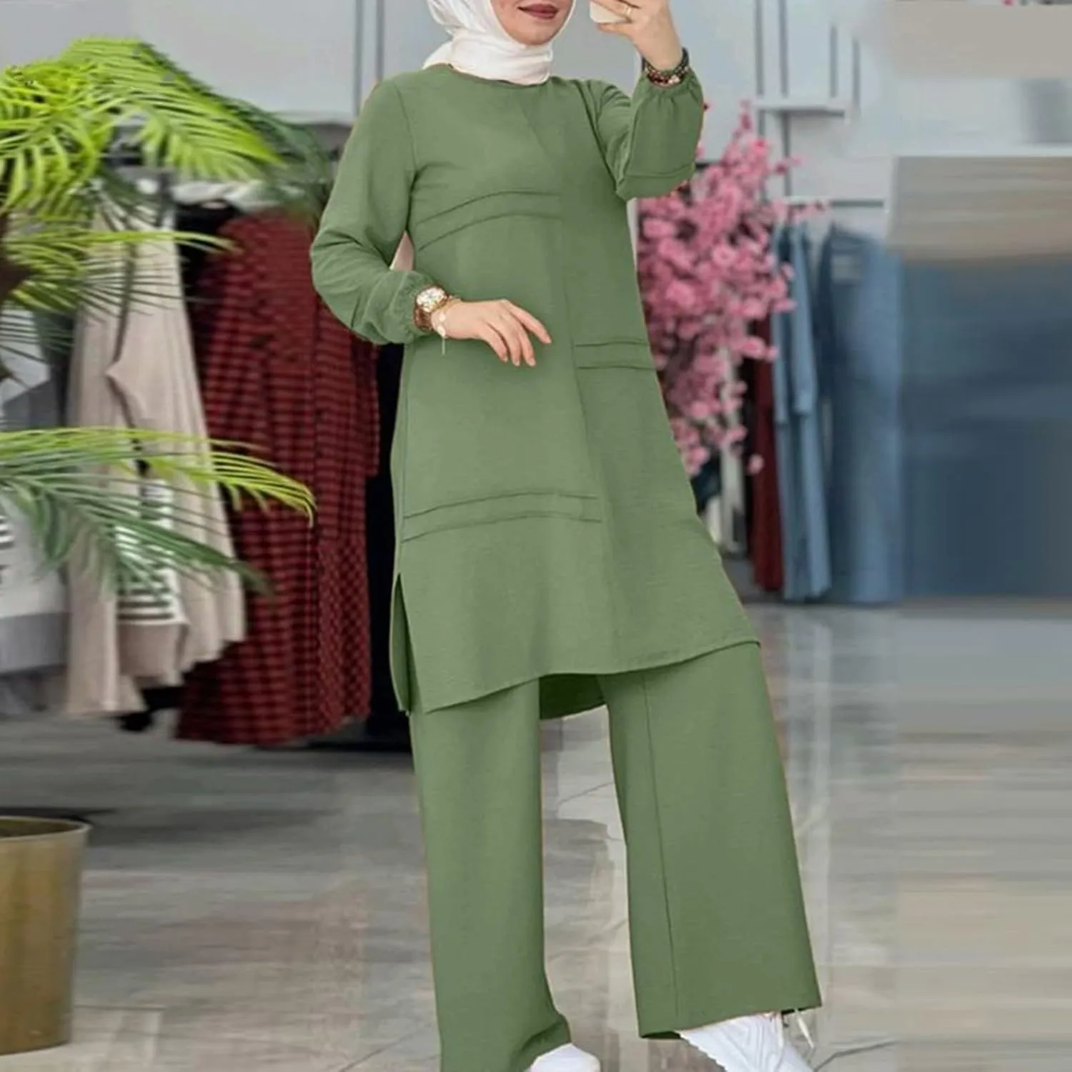 Aniywn Muslim Casual 2 Piece Set for Women Long Sleeve Loose Top Wide Leg Pants Suit Plus Size Outfit Prayer Clothes No Hijab
