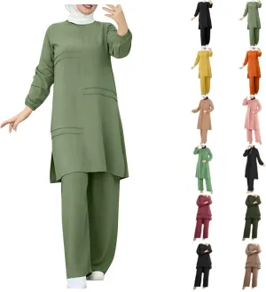 Aniywn Muslim Casual 2 Piece Set for Women Long Sleeve Loose Top Wide Leg Pants Suit Plus Size Outfit Prayer Clothes No Hijab