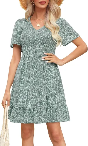 Annebouti Womens 2024 Summer Casual Flowy Mini Dresses Floral Smocked Short Sleeve V Neck Babydoll Maternity Dress