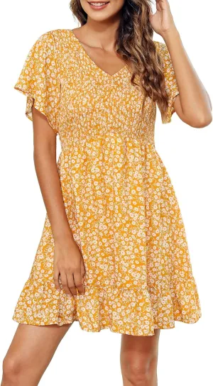 Annebouti Womens 2024 Summer Casual Flowy Mini Dresses Floral Smocked Short Sleeve V Neck Babydoll Maternity Dress