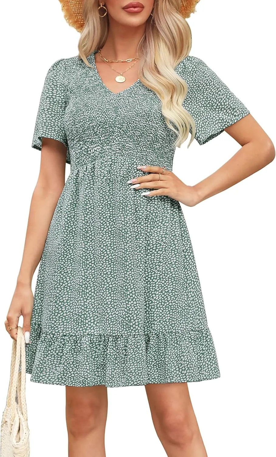 Annebouti Womens 2024 Summer Casual Flowy Mini Dresses Floral Smocked Short Sleeve V Neck Babydoll Maternity Dress