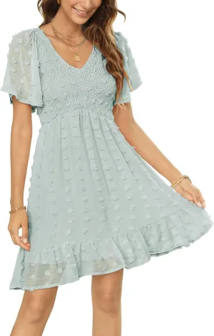 Annebouti Womens 2025 Spring Summer Mini Smocked Swiss Dot Dresses Short Sleeve Babydoll Casual Dress
