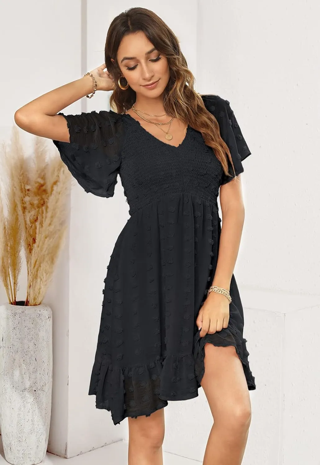 Annebouti Womens 2025 Spring Summer Mini Smocked Swiss Dot Dresses Short Sleeve Babydoll Casual Dress