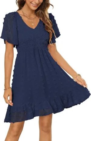 Annebouti Womens 2025 Spring Summer Mini Smocked Swiss Dot Dresses Short Sleeve Babydoll Casual Dress