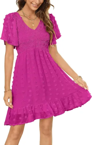 Annebouti Womens 2025 Spring Summer Mini Smocked Swiss Dot Dresses Short Sleeve Babydoll Casual Dress