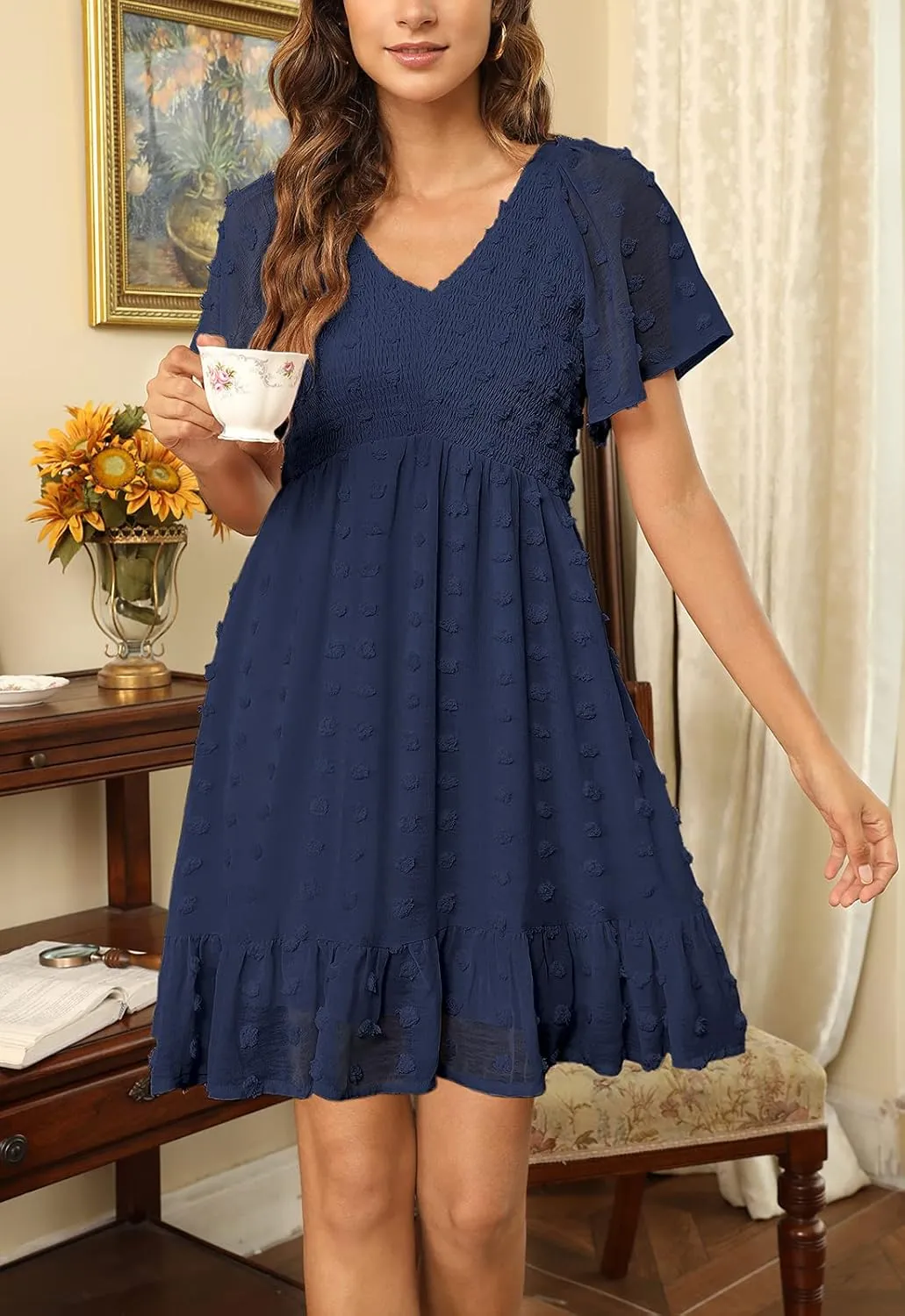 Annebouti Womens 2025 Spring Summer Mini Smocked Swiss Dot Dresses Short Sleeve Babydoll Casual Dress