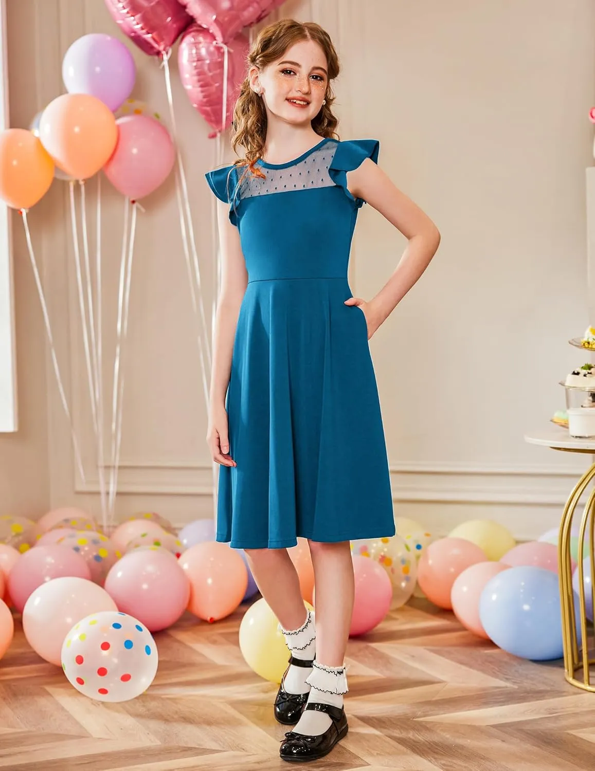 Arshiner Girls Dress Summer Ruffle Sleeve Mesh A Line Casual Party Dresses with Pockets 6-13 Years