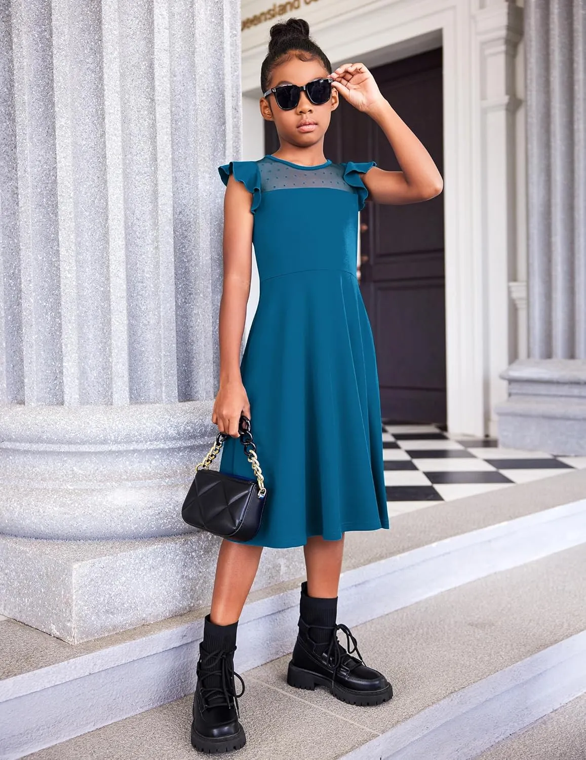 Arshiner Girls Dress Summer Ruffle Sleeve Mesh A Line Casual Party Dresses with Pockets 6-13 Years