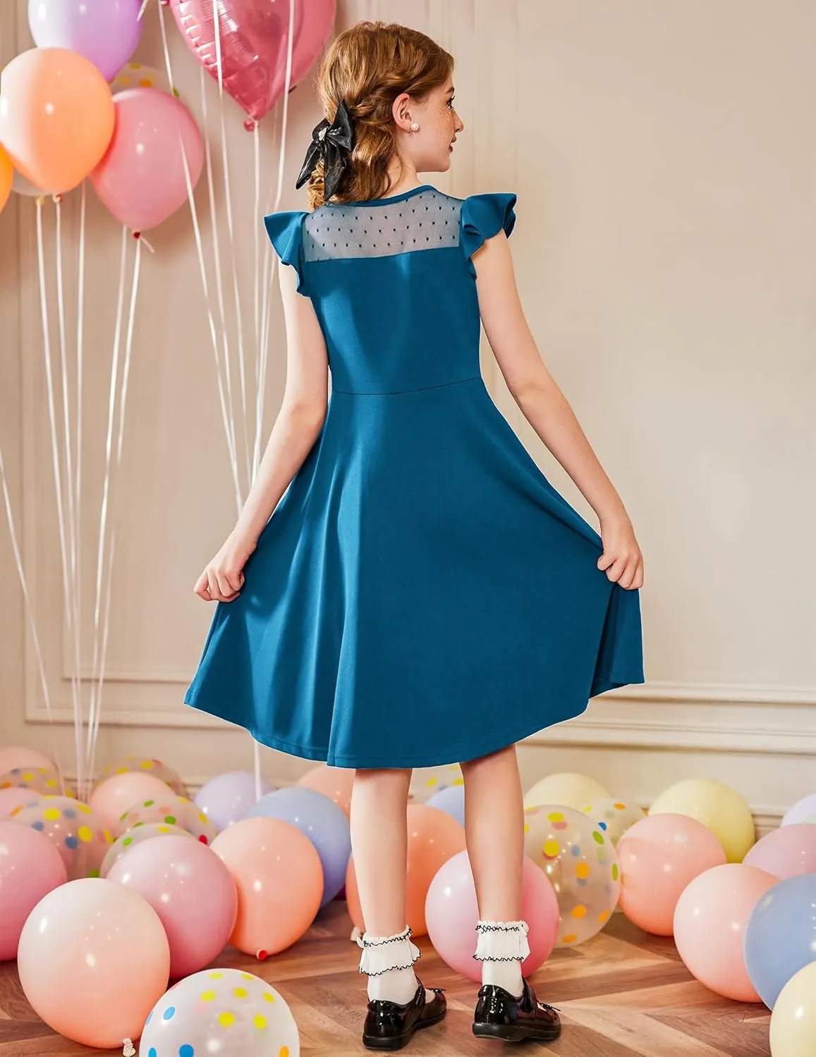 Arshiner Girls Dress Summer Ruffle Sleeve Mesh A Line Casual Party Dresses with Pockets 6-13 Years