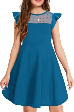 Arshiner Girls Dress Summer Ruffle Sleeve Mesh A Line Casual Party Dresses with Pockets 6-13 Years