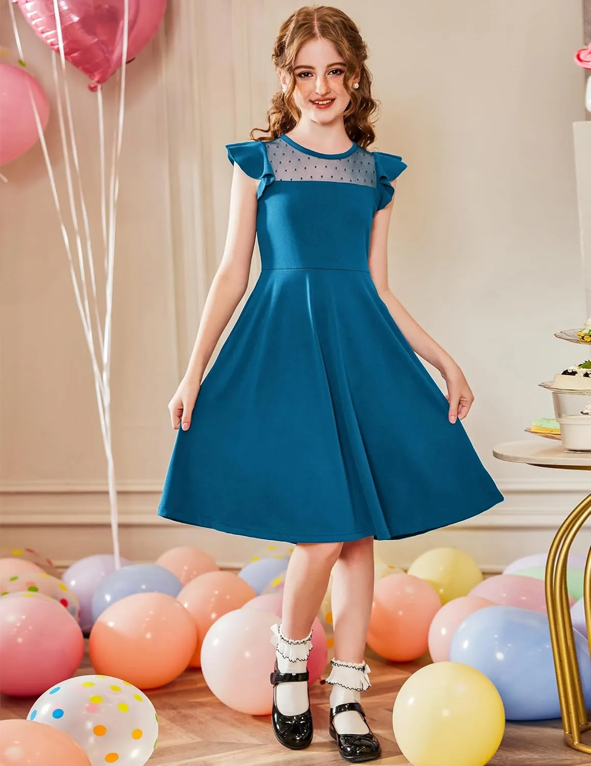 Arshiner Girls Dress Summer Ruffle Sleeve Mesh A Line Casual Party Dresses with Pockets 6-13 Years