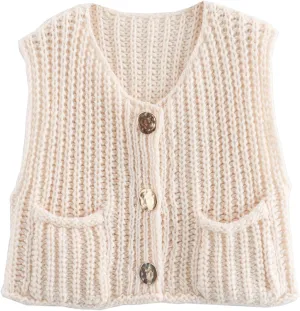 Arssm Women Button Down Sweater Vest Sleeveless Crop Knit Cardigan Cropped Knitted Sweater Vest with Pockets